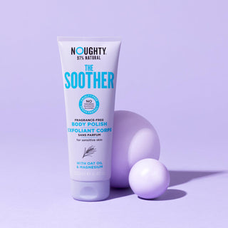 Noughty The Soother fragrance free body polish exfoliator for sensitive and reactive skin. Natural body care vegan cruelty free natural sulphate free paraben free